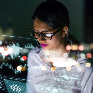 Woman using automated market research tools